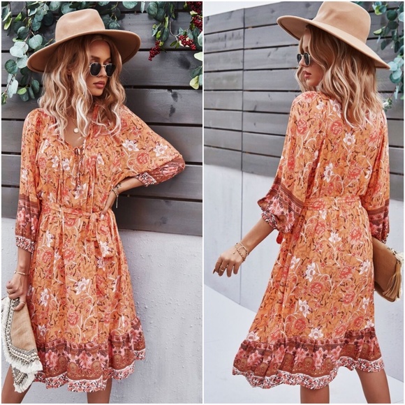 boho floral print belted 3/4 sleeve dress Yellow - Picture 7 of 9